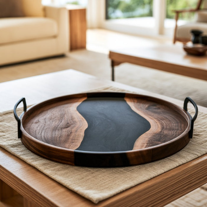 Walnut serving tray with stylish black metal handles