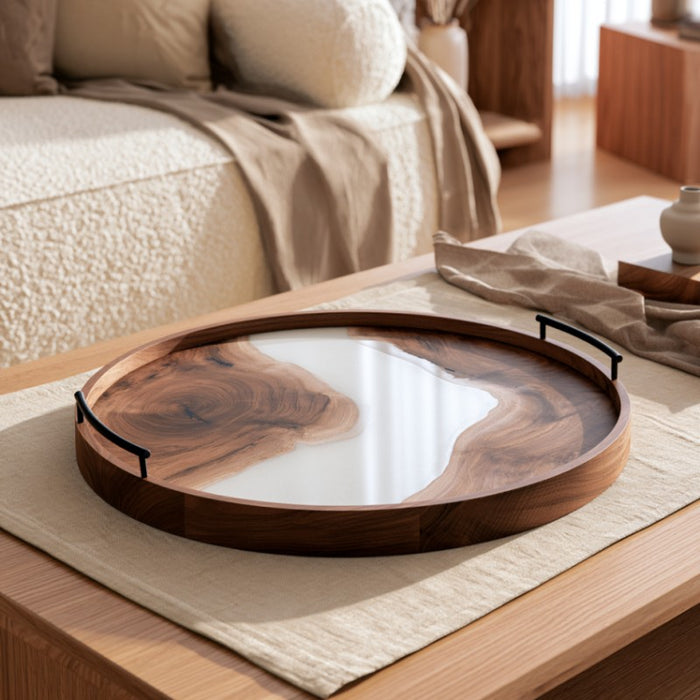 20 inch round walnut serving tray with white epoxy resin