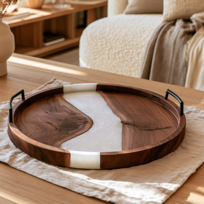 Modern walnut epoxy serving tray for entertaining and home decor