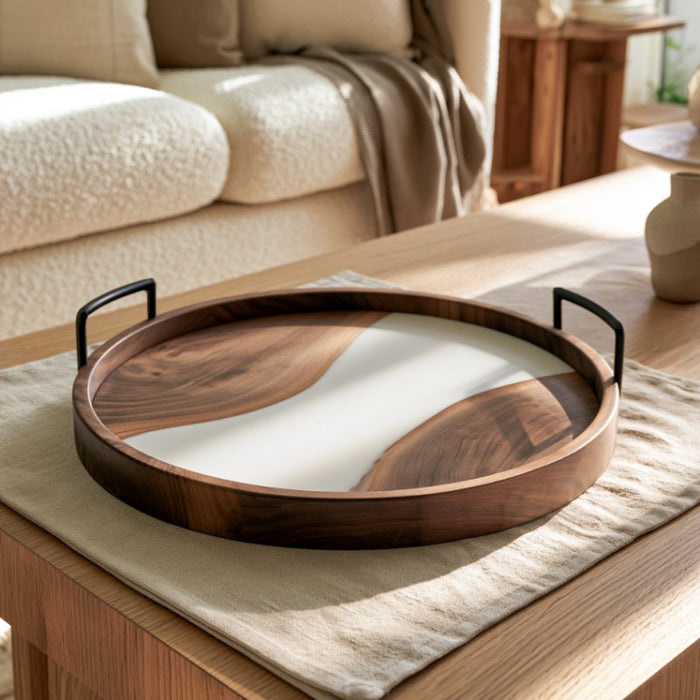 Walnut epoxy tray with white resin and natural wood grain
