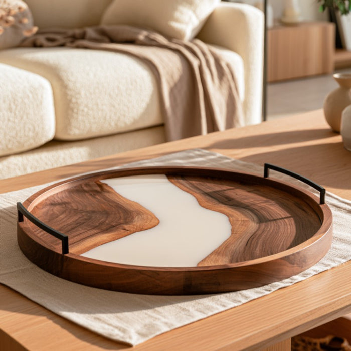 White epoxy tray styled as elegant coffee table decor