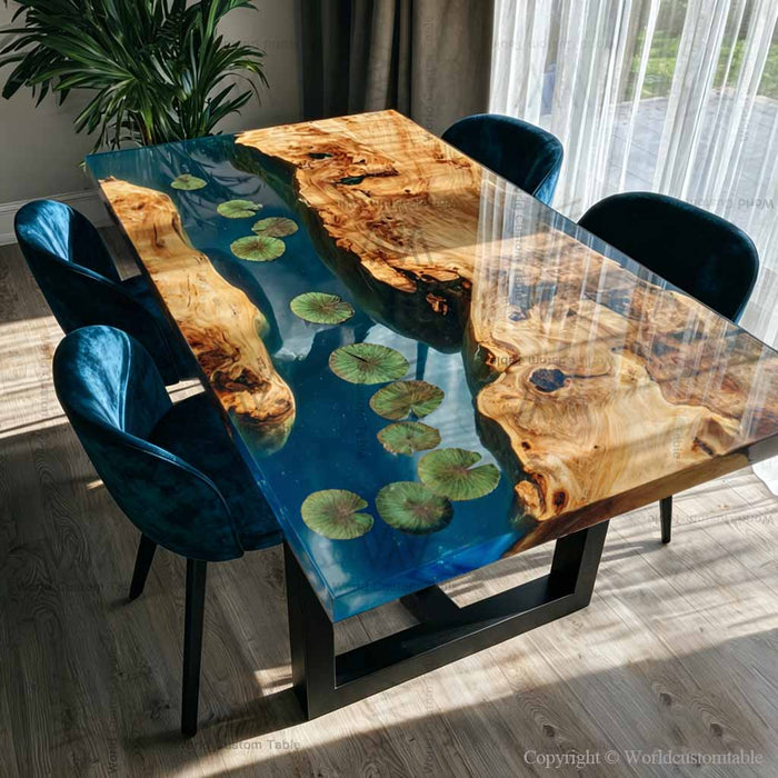 Transparent blue resin table with artistic lotus leaf decoration