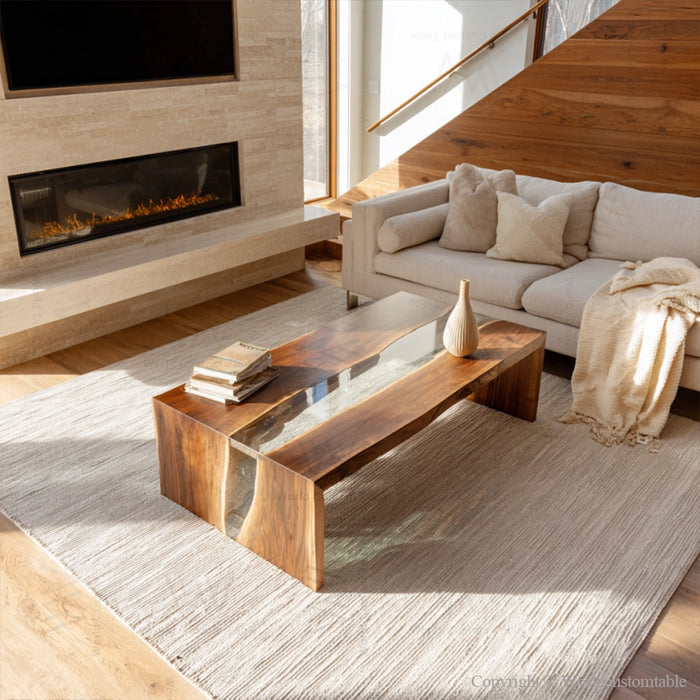 Transparent resin epoxy coffee table in a contemporary lounge setting