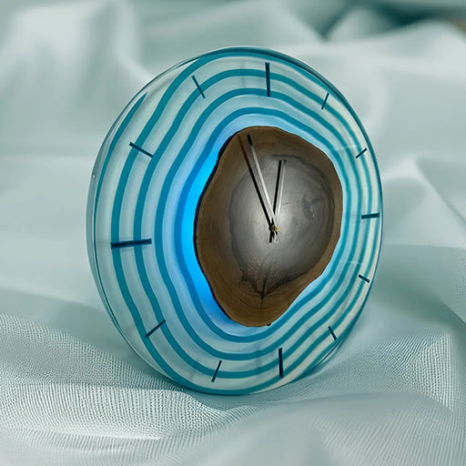 Tree ring wall clock with wood center and epoxy resin waves
