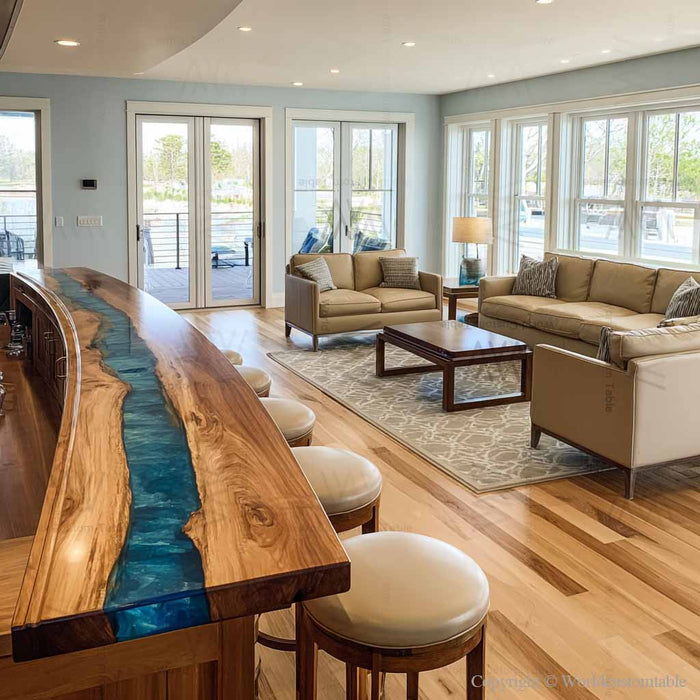 Tropical-inspired walnut bar countertop with clear blue lagoon epoxy, handcrafted long kitchen island slab