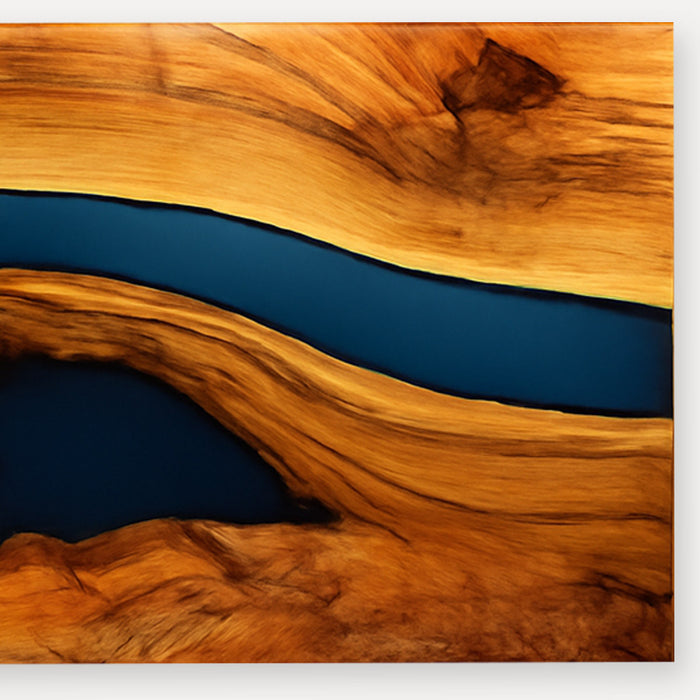 Wooden surface with blue resin flowing through it