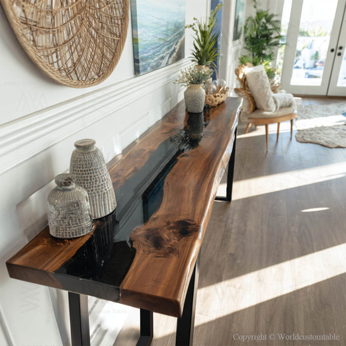 Unique live edge black walnut epoxy console table in living room