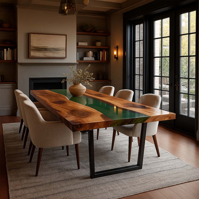 Dining room with a long wooden table and chairs near a fireplace.