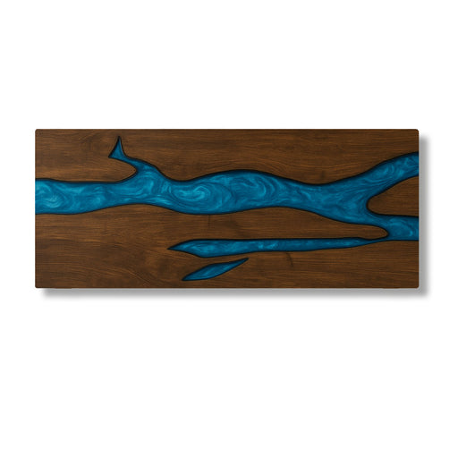 Wooden panel with blue resin flow design on a white background