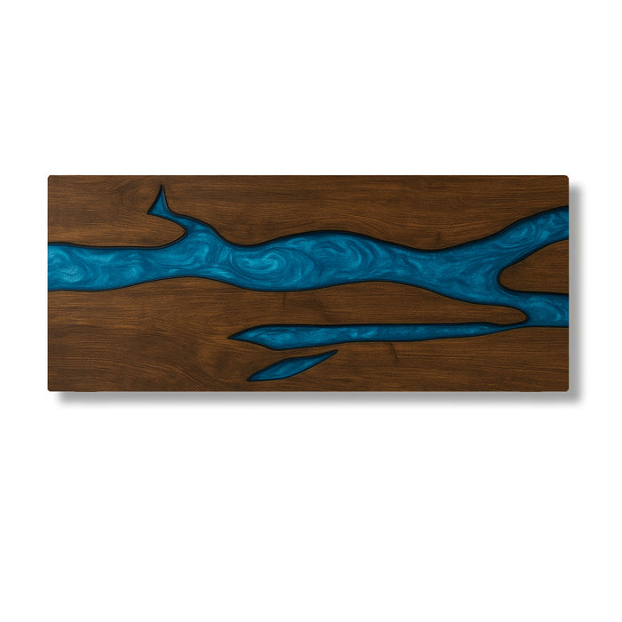 Wooden panel with blue resin flow design on a white background