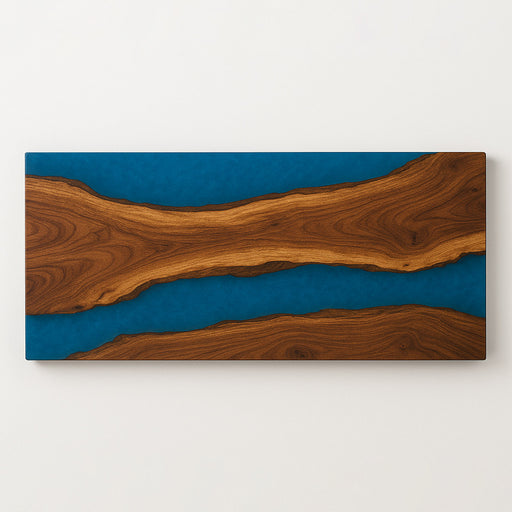 Wooden board with blue resin inlay on a white background