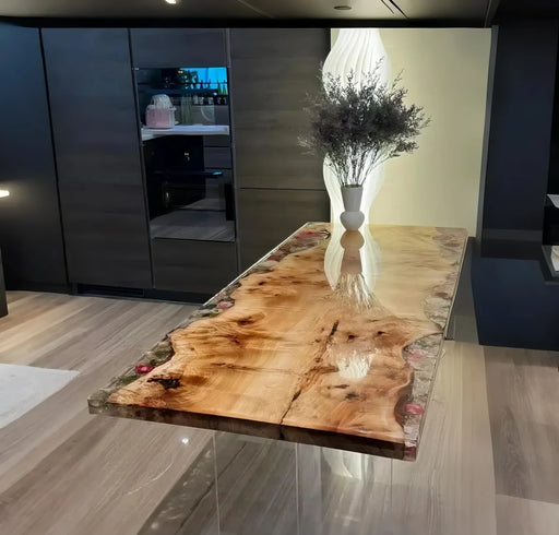 Unique diy epoxy table with flowers.