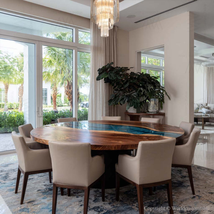 Unique black walnut epoxy dining table as centerpiece in American home
