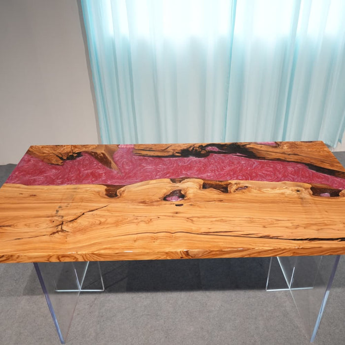 Unique olive resin dining room table with artistic swirl design