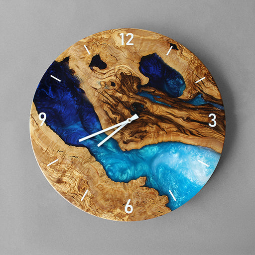 Unique olive wood and blue resin wall clock for modern spaces