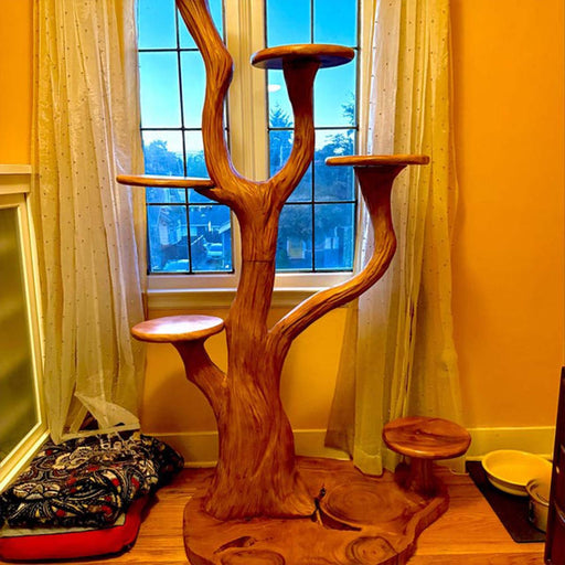 Wooden cat tree with multiple platforms in a room with a window and curtains.