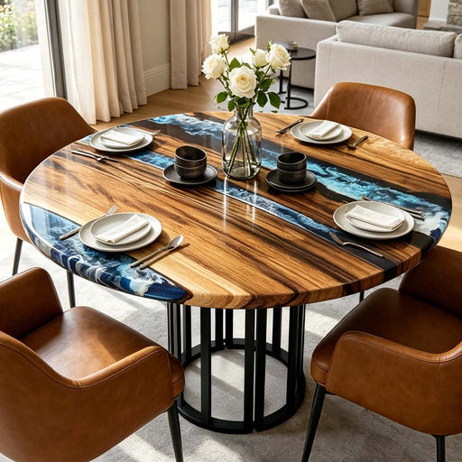 Round walnut epoxy resin river dining table with ocean blue resin waves and live-edge wood