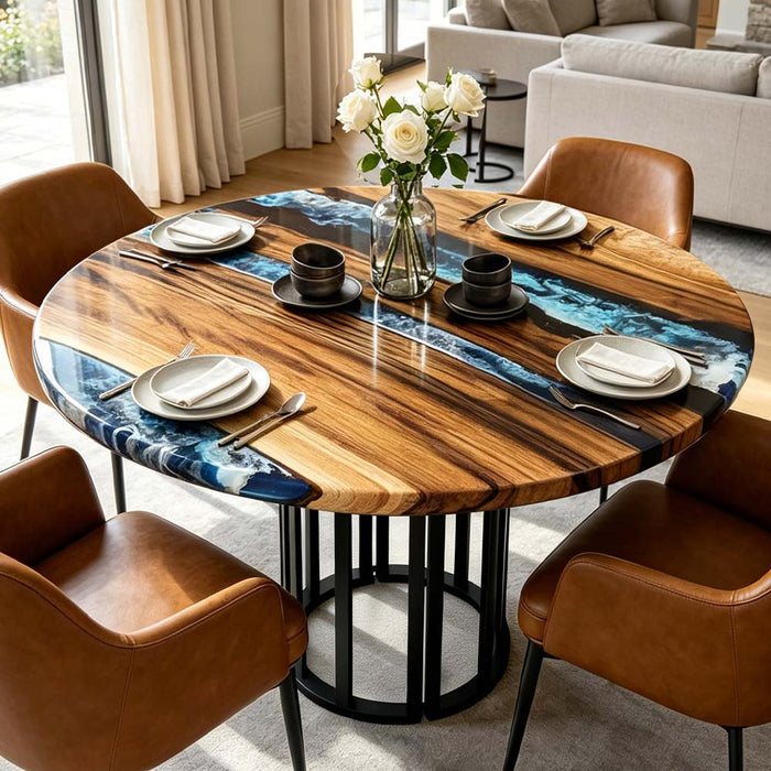 Round walnut epoxy resin river dining table with ocean blue resin waves and live-edge wood