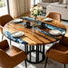 Round walnut epoxy resin river dining table with ocean blue resin waves and live-edge wood