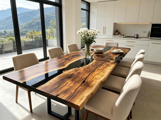 Handcrafted walnut epoxy resin table with unique wood grain