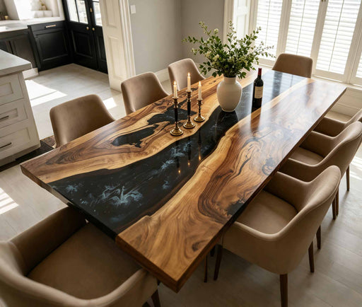 Dramatic black walnut dining table with deep black marbled epoxy river, industrial high-gloss scratch-resistant finish