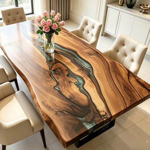 Modern walnut epoxy green dining table with luxury handcrafted river design