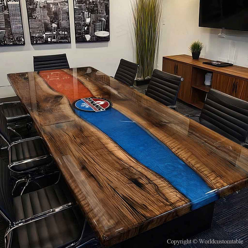 Custom logo engraved epoxy conference table designed for executive meeting rooms and corporate branding use.