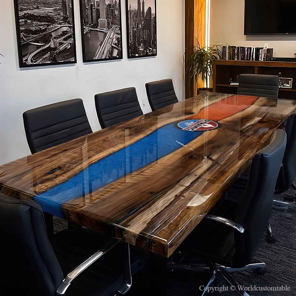 Ice fire resin river table in a modern corporate office interior with clean and professional design.