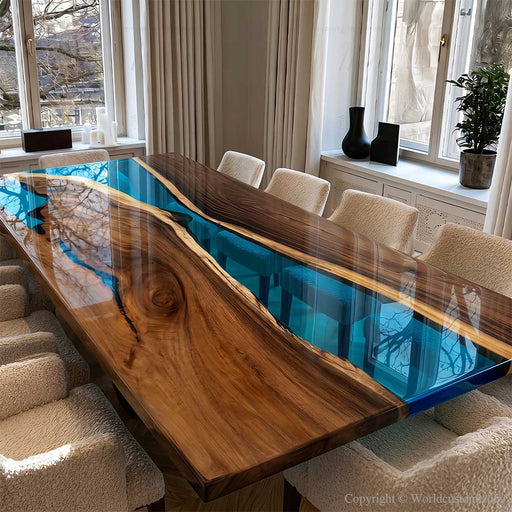 Dining table with wooden surface and blue resin inlay in a modern interior setting.