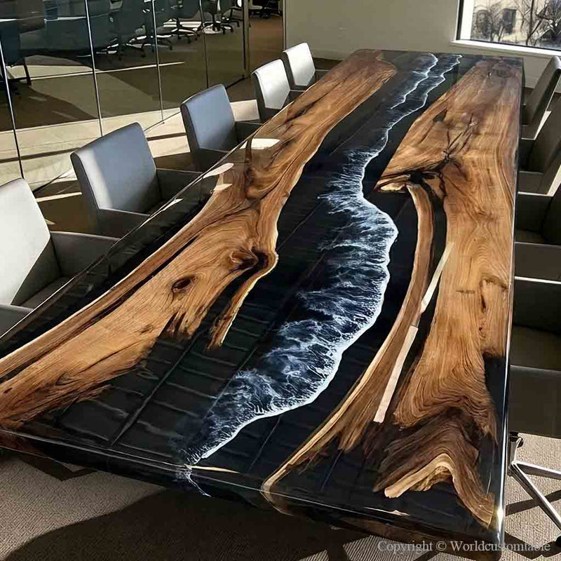 Luxury black walnut conference table featuring handcrafted black ocean wave epoxy resin and live edge wood design.