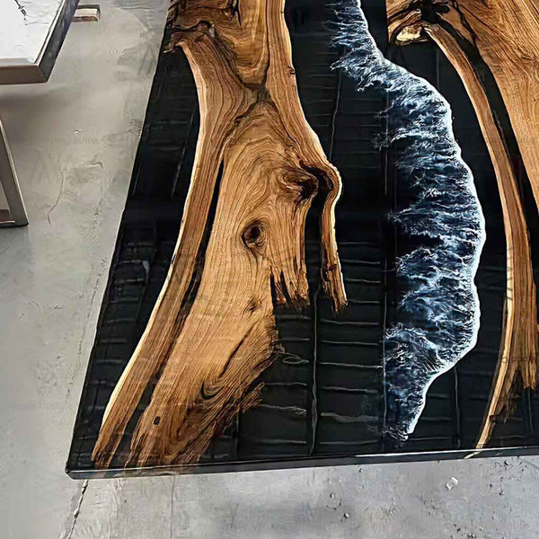 Custom ocean wave resin dining table handcrafted from live edge black walnut with one-of-a-kind epoxy artwork.