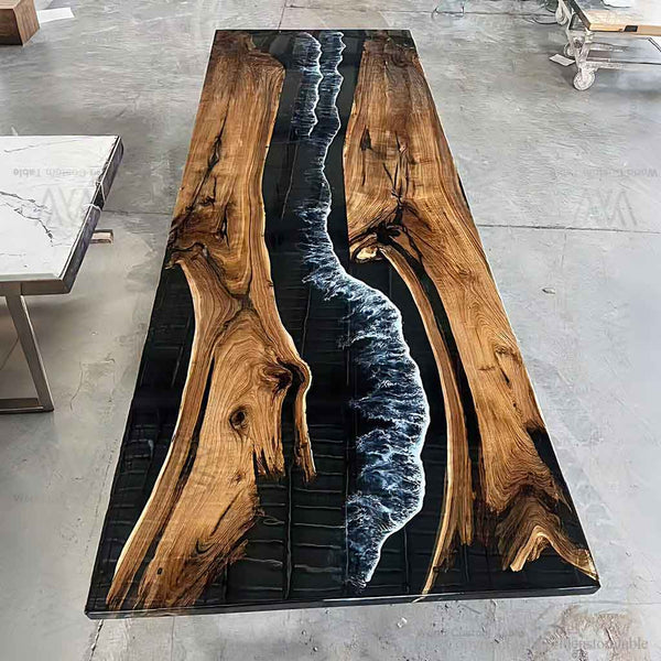 Premium live edge black walnut epoxy boardroom table designed for executive offices and modern meeting spaces.