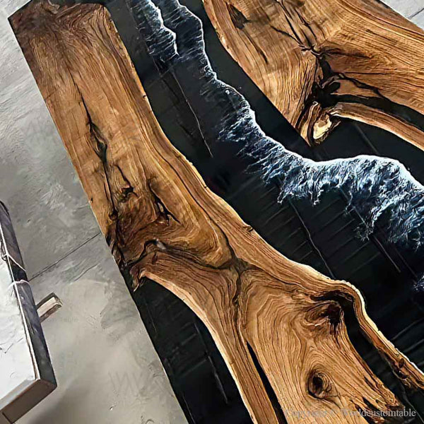 Modern black walnut conference table with custom black resin river, perfect for luxury offices and commercial interiors.