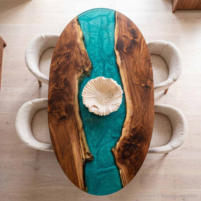 Oval Black Walnut epoxy dining table with natural live edge
