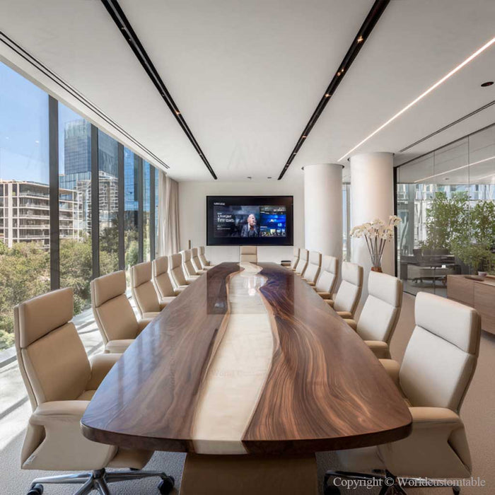Oversized black walnut epoxy conference table for executive meeting space