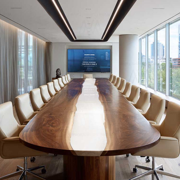 Luxury conference table with black walnut wood and white epoxy resin surface