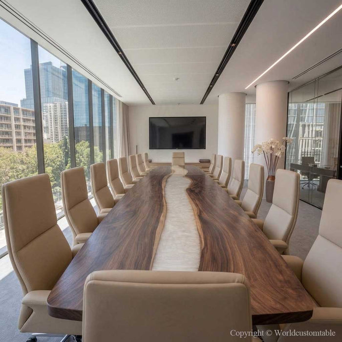 Modern executive epoxy conference table crafted from walnut and pearl white resin
