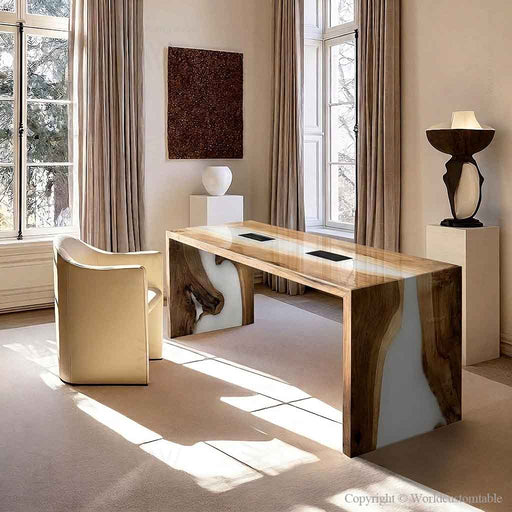 Modern office desk featuring white resin waterfall edge and walnut wood