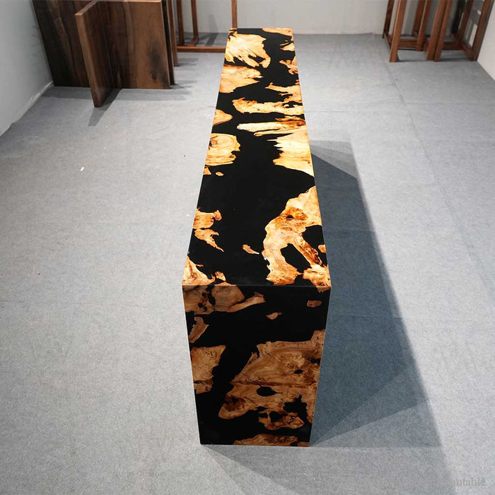 Modern waterfall edge console table crafted with burl wood and black epoxy resin