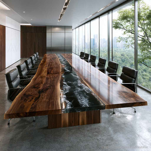 A modern conference room featuring a long live-edge wooden table with a glossy black resin river running down the center, surrounded by black office chairs and large floor-to-ceiling windows overlooking a green forest.