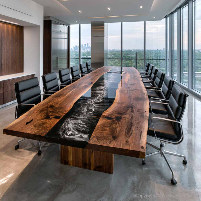 A modern living room or conference space featuring a large rectangular table with a live-edge natural wood top and a glossy black resin center channel. Multiple black office chairs with chrome bases are arranged around the table, which is set in a bright room with large floor-to-ceiling windows overlooking a city skyline.