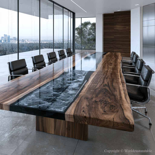 Custom boardroom table handcrafted from solid black walnut with a flowing black epoxy river and natural live edges.