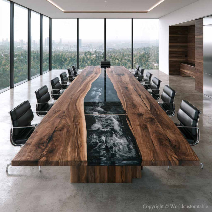 Executive meeting table featuring premium live edge walnut, natural wood grain, and a dramatic ocean-inspired epoxy river.