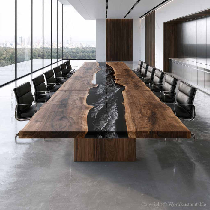 Modern black walnut boardroom table combining premium hardwood craftsmanship with artistic black epoxy river detailing.