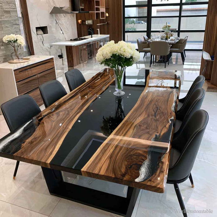 Handcrafted black walnut resin wood dining table showcasing unique grain patterns, live edge details, and a mirror-gloss epoxy surface.