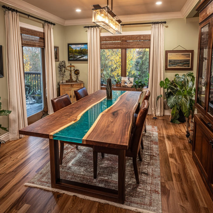 Dining room with a wooden table featuring a blue resin inlay, surrounded by chairs.
