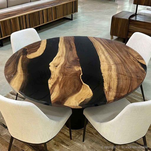 Round walnut and black epoxy coffee table in modern living room