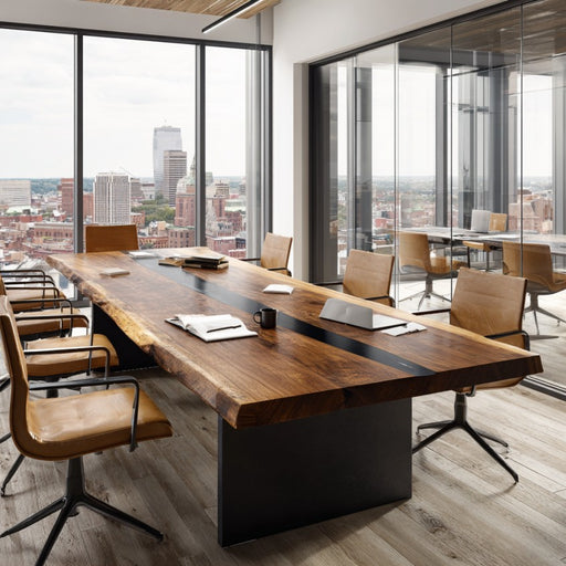 Modern office conference room with a long wooden table and chairs, large windows overlooking a cityscape.