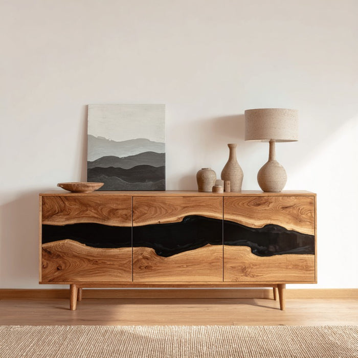 Wooden sideboard with black resin accents in a room with a lamp and abstract painting.