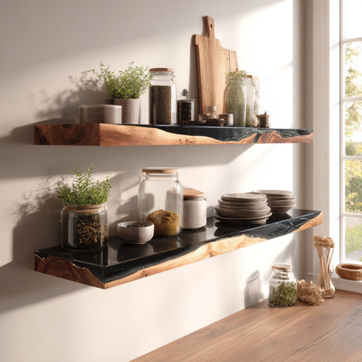 Handmade walnut black epoxy floating shelf with resin details.